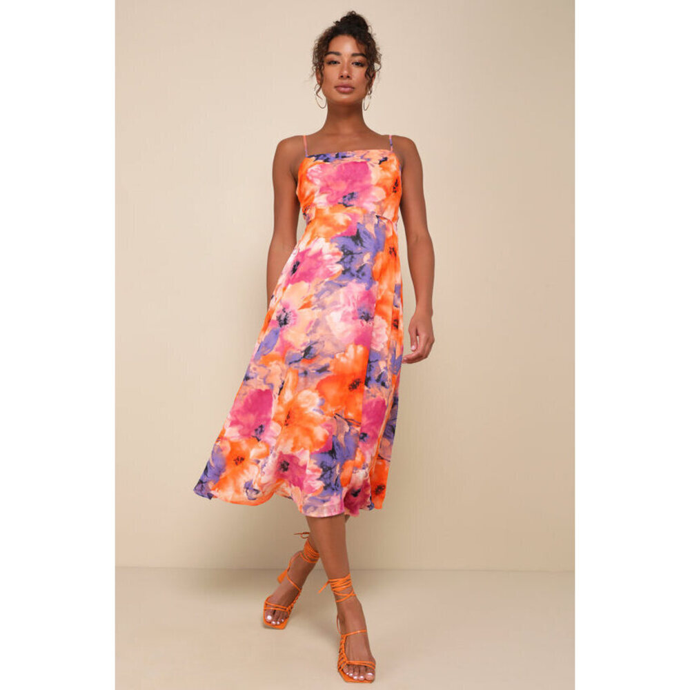 Lulus Radiant Feelings Orange And Purple Floral Chiffon Midi Dress - Size M